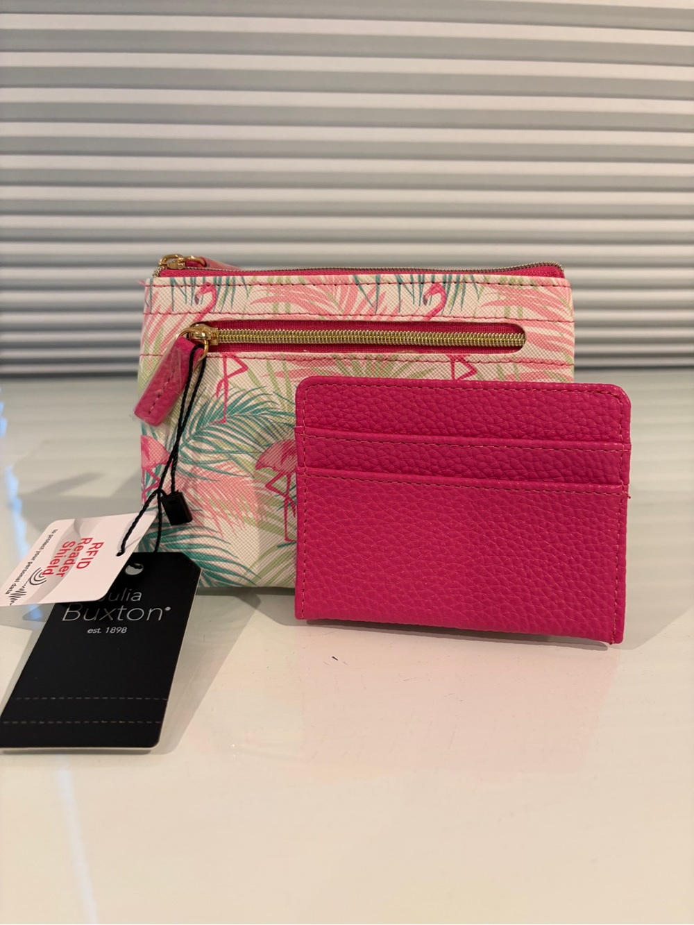 Julia Buxton Pink Flamingo Tropical Zip Pouch with Hot Pink Card Holder